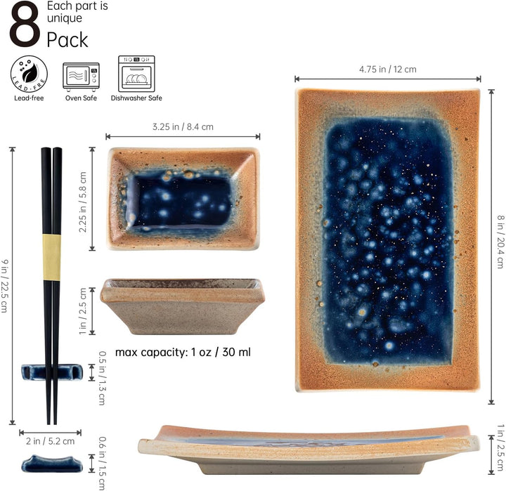 UNICASA Japanisches Geschirr 8er Set, Sushi Geschirr Set Mit Sushi Teller, Dipschalen,Essstäbchen un