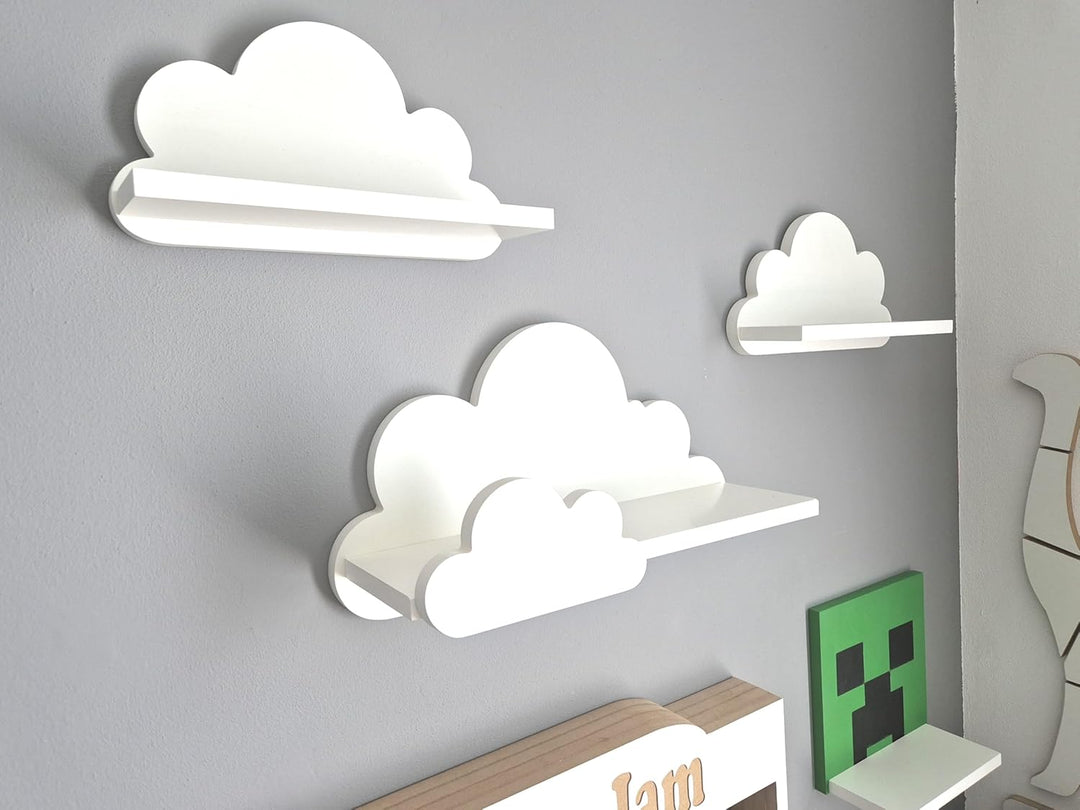 Wandregal Kinderzimmer Wolke Weiss (3er Set) – Modell Laguna Prestige – Solides 18mm MDF Bücherregal