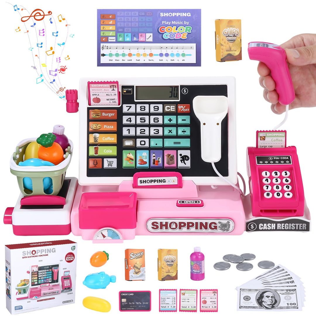 heuchaey Kinder Kasse Spielzeug, Kinderkasse Registrierkasse Set, Rosa | Elektronische Registrierkas