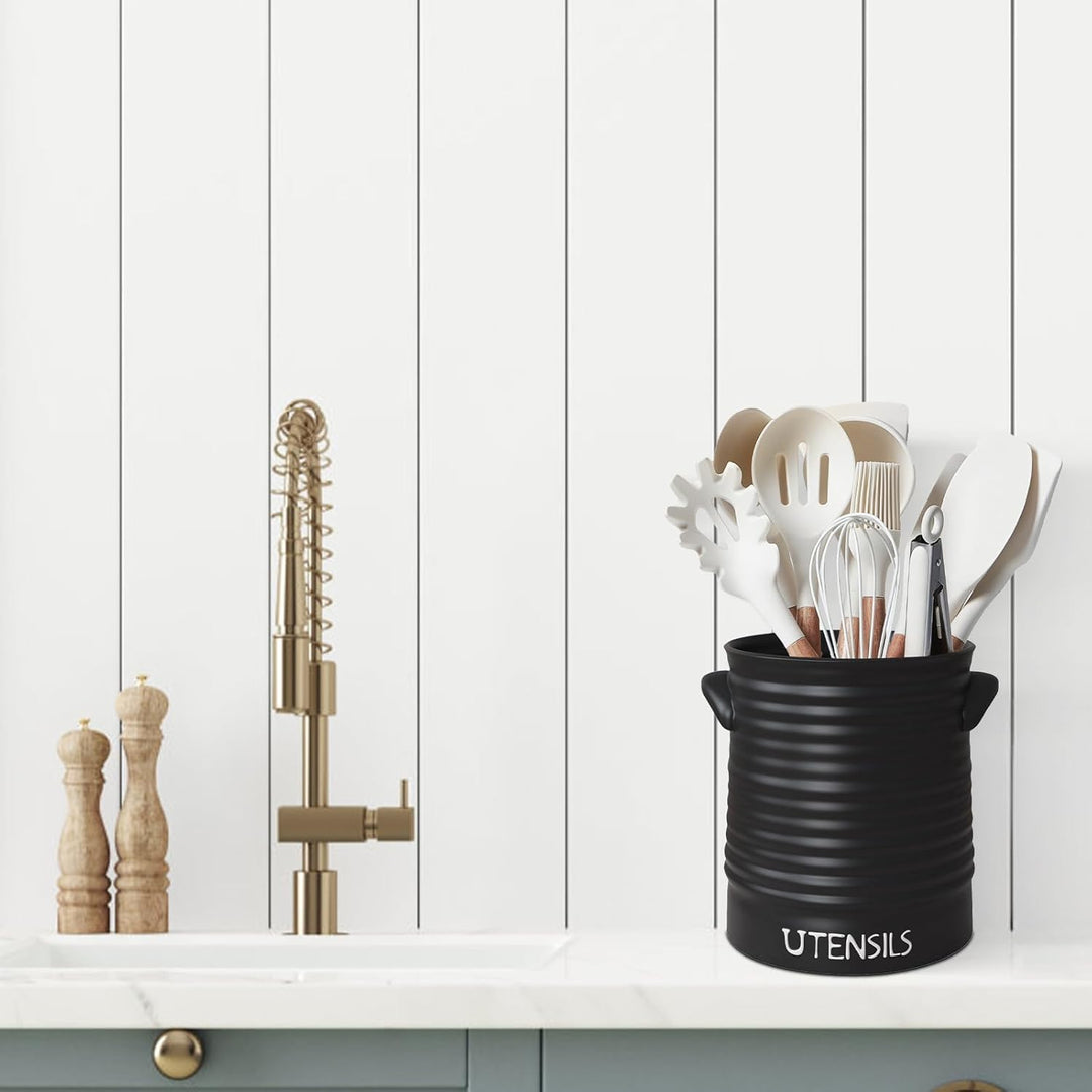 Karisky Kitchen Utensil Holder for Countertop, 6.2" Large Ceramic Utensil Crock with Cork Mat, Handl
