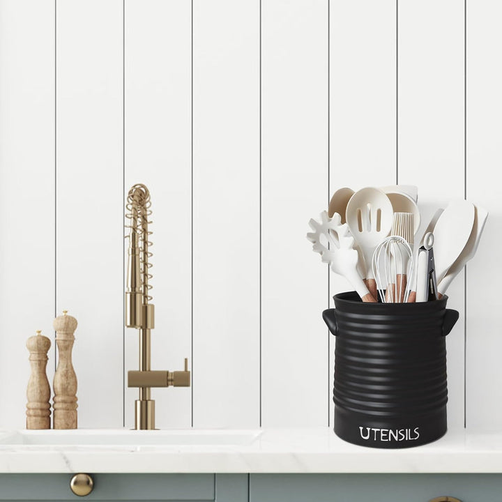 Karisky Kitchen Utensil Holder for Countertop, 6.2" Large Ceramic Utensil Crock with Cork Mat, Handl