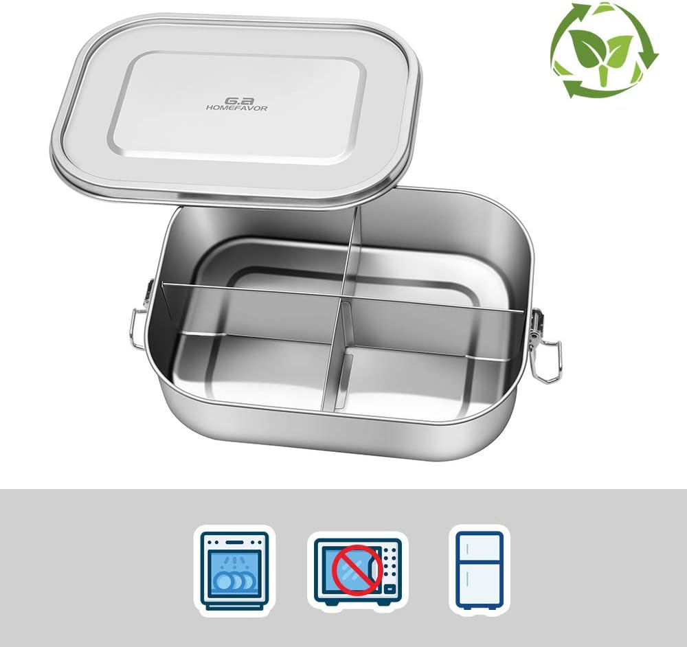 G.a HOMEFAVOR Edelstahl Brotdose Metall Lunchbox mit 4 Fächern 1400ml Auslaufsichere Bento Box Gross