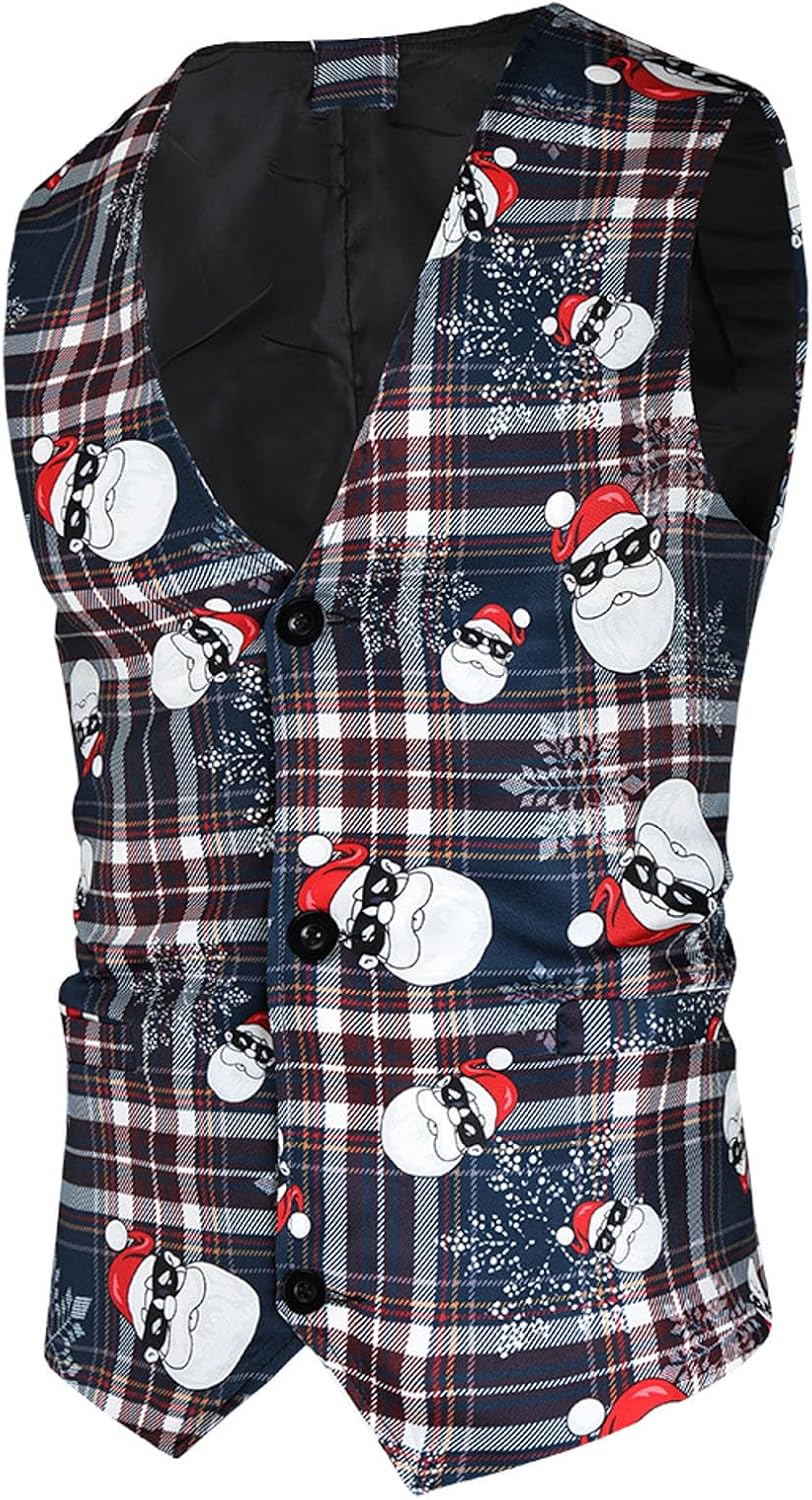 Herren Weihnachtsanzug 2Teilig Weihnachtsweste Slim Fit Button Verschiedene Weihnachtsmotiv Formal W