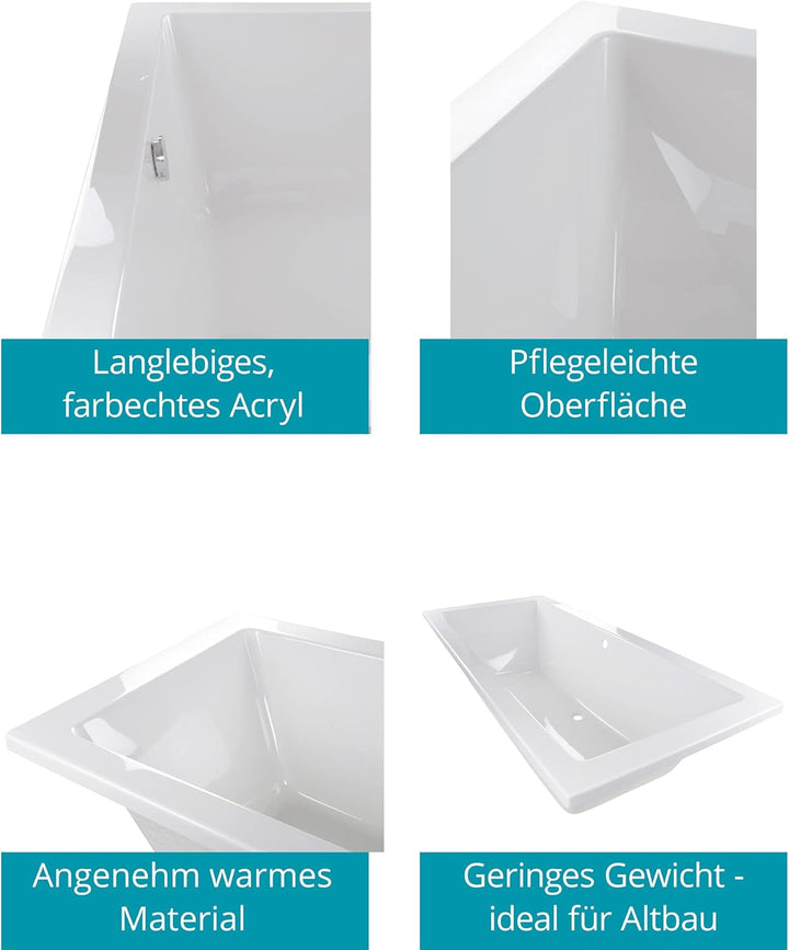 Calmwaters® Rechteck-Badewanne 200x90 cm, Acrylwanne Modern Square 2, Duo-Badewanne für zwei Persone