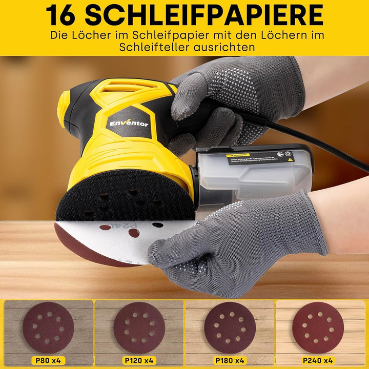 Enventor Exzenterschleifer 125mm, 300W Schleifmaschine 6000-13000 OPM, 6 Gänge, Multischleifer mit A