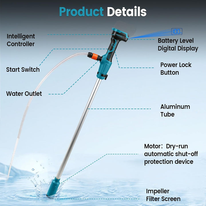 Akku-Regenfasspumpe kompatibel mit Makita 18V, Förderleistung 2736 l/h, Kabellose Stab-Transferpumpe