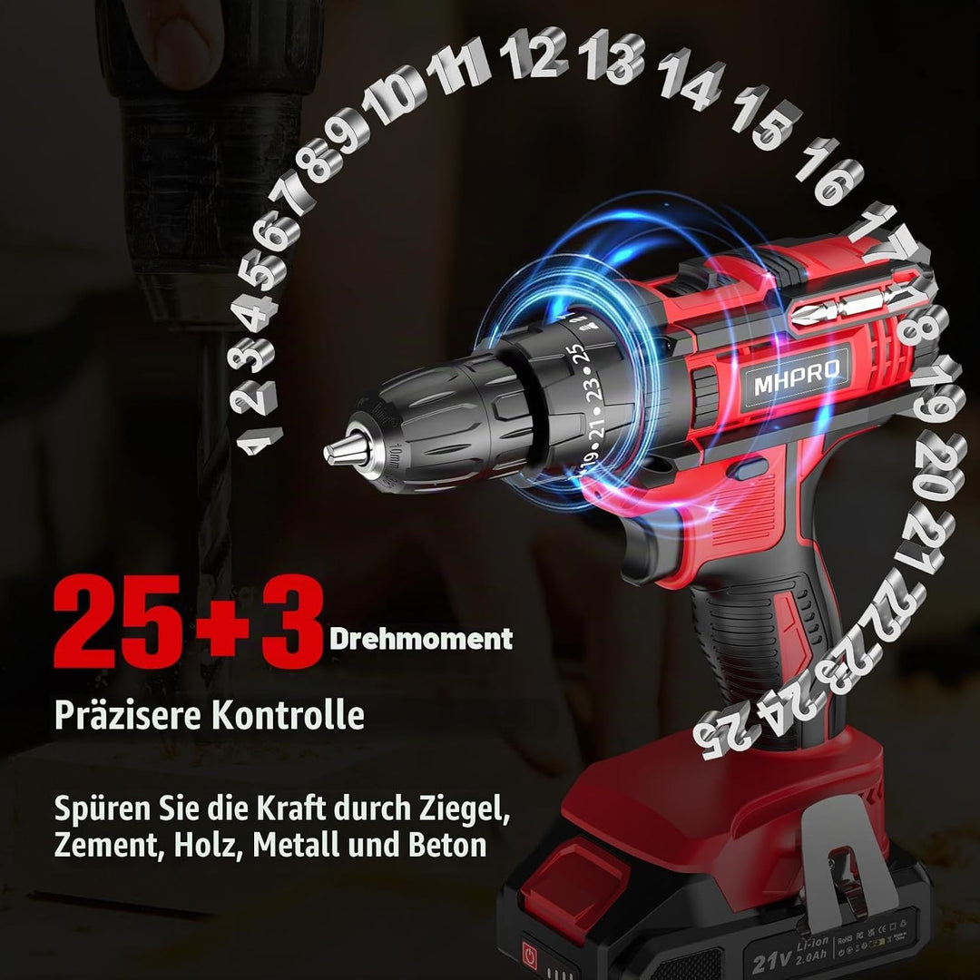 Akkuschrauber 21V, Akku Bohrschrauber mit 2 Akkus 2.0Ah, 42Nm Akku Bohrmaschine, 2 Gang, 25+3 Drehmo