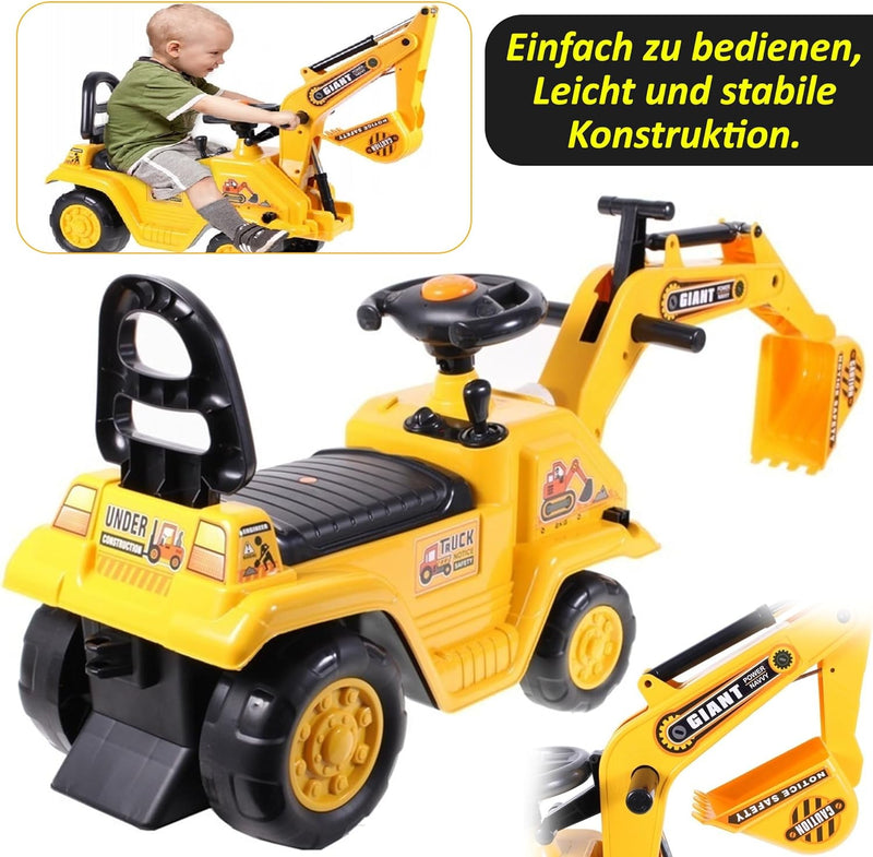 COIL Rutschauto - Grosser Bagger für Kleinkinder, Spielzeugbagger mit Lenkrad und Geräuschen, Sandsp