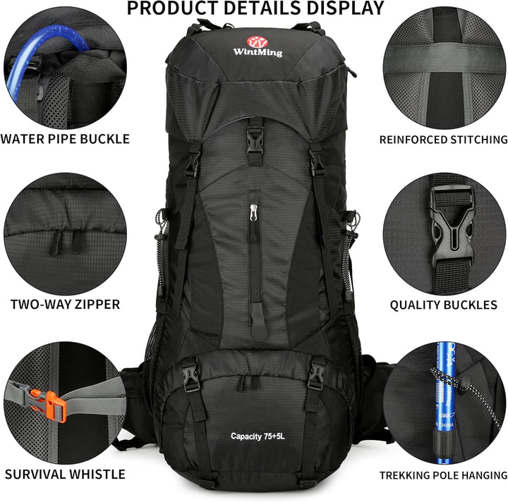WintMing 75L Hiking Backpack with Rain Cover Waterproof Camping Backpack Shoes Warehouse for Men Wom