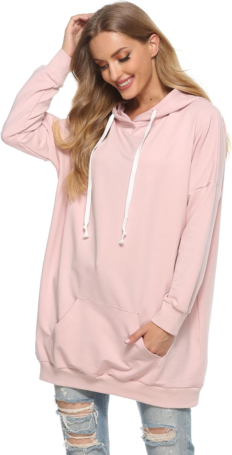 Famulily Damen Oversized Hoodie Kleid Baumwolle Lang Sweatshirt mit Kapuze Einfarbige Kapuzenpullove