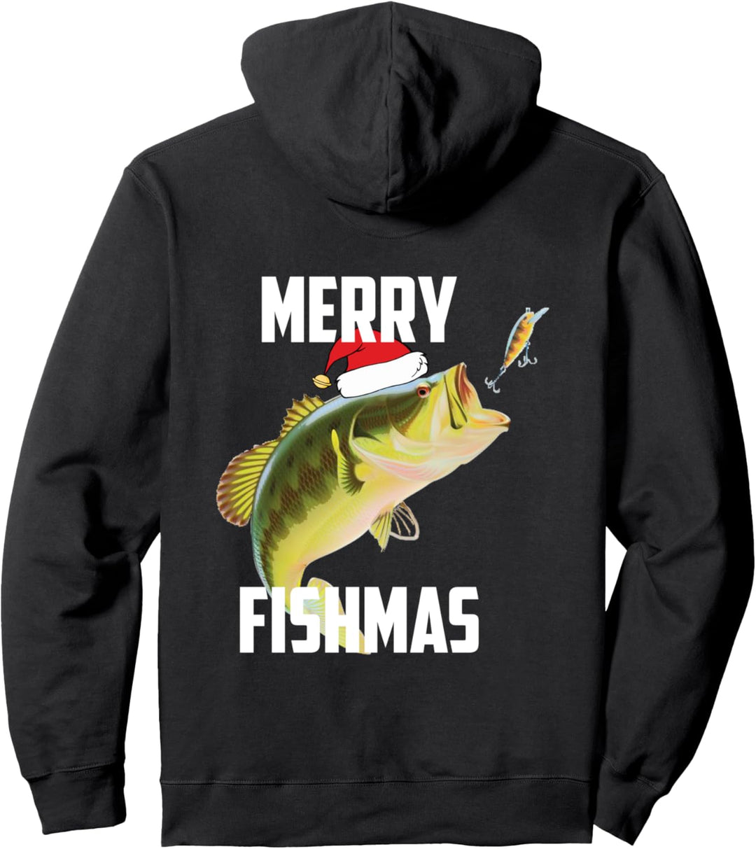 Merry Fishmas Ugly Christmas Bass Santa Hat Christmas Pajama Pullover Hoodie