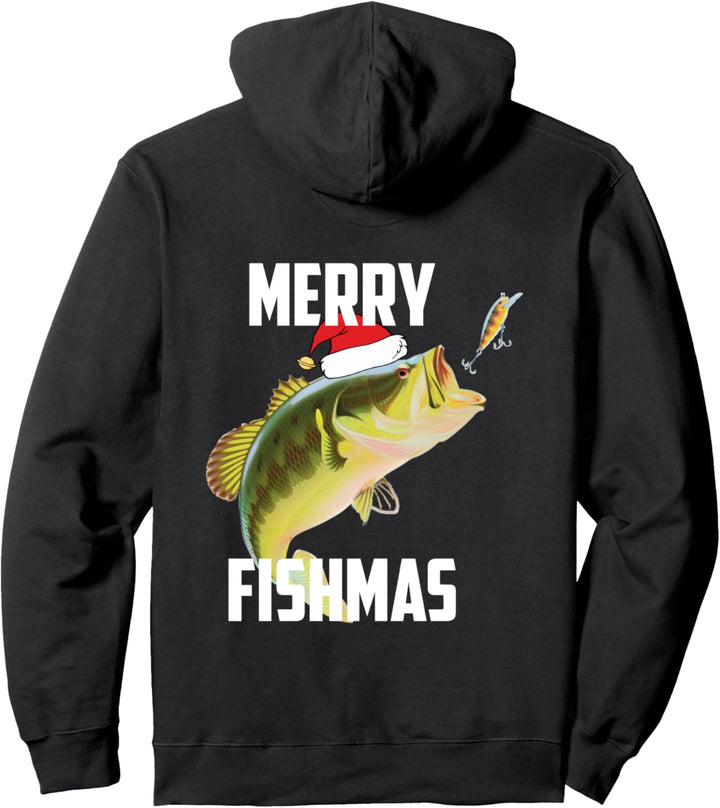 Merry Fishmas Ugly Christmas Bass Santa Hat Christmas Pajama Pullover Hoodie