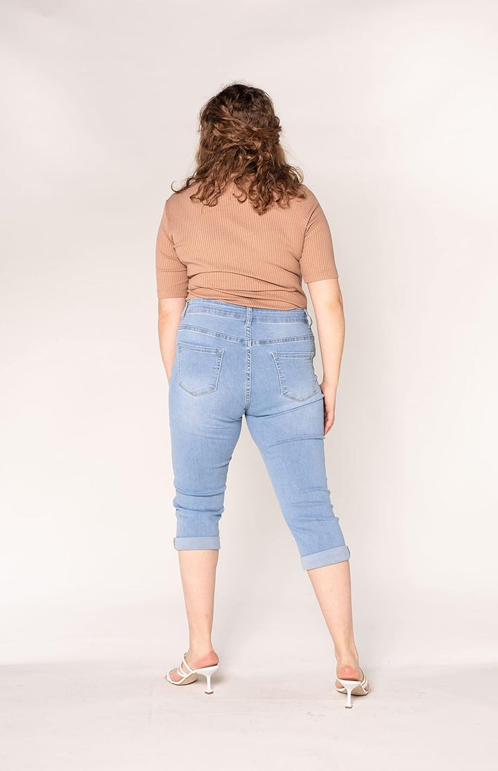 Nina Carter P200 Damen Capri Jeanshosen Grosse Grössen HIGH Waist Jeans Sommer Hose Used-Look, 42 Gr