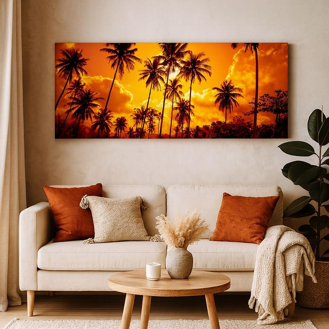 Wandbilder Dekoration Wohnzimmer Palmen Bäume Sonne Panorama Bilder auf Leinwand 120x50cm Leinwandbi