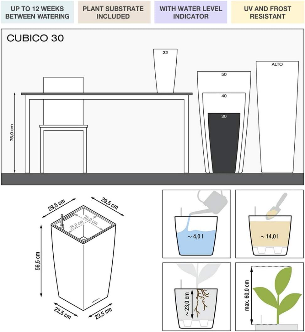 LECHUZA CUBICO Premium 30 silber metallic 18185 29.5x29.5x56.5 cm Silber Metallic, 29.5x29.5x56.5 cm
