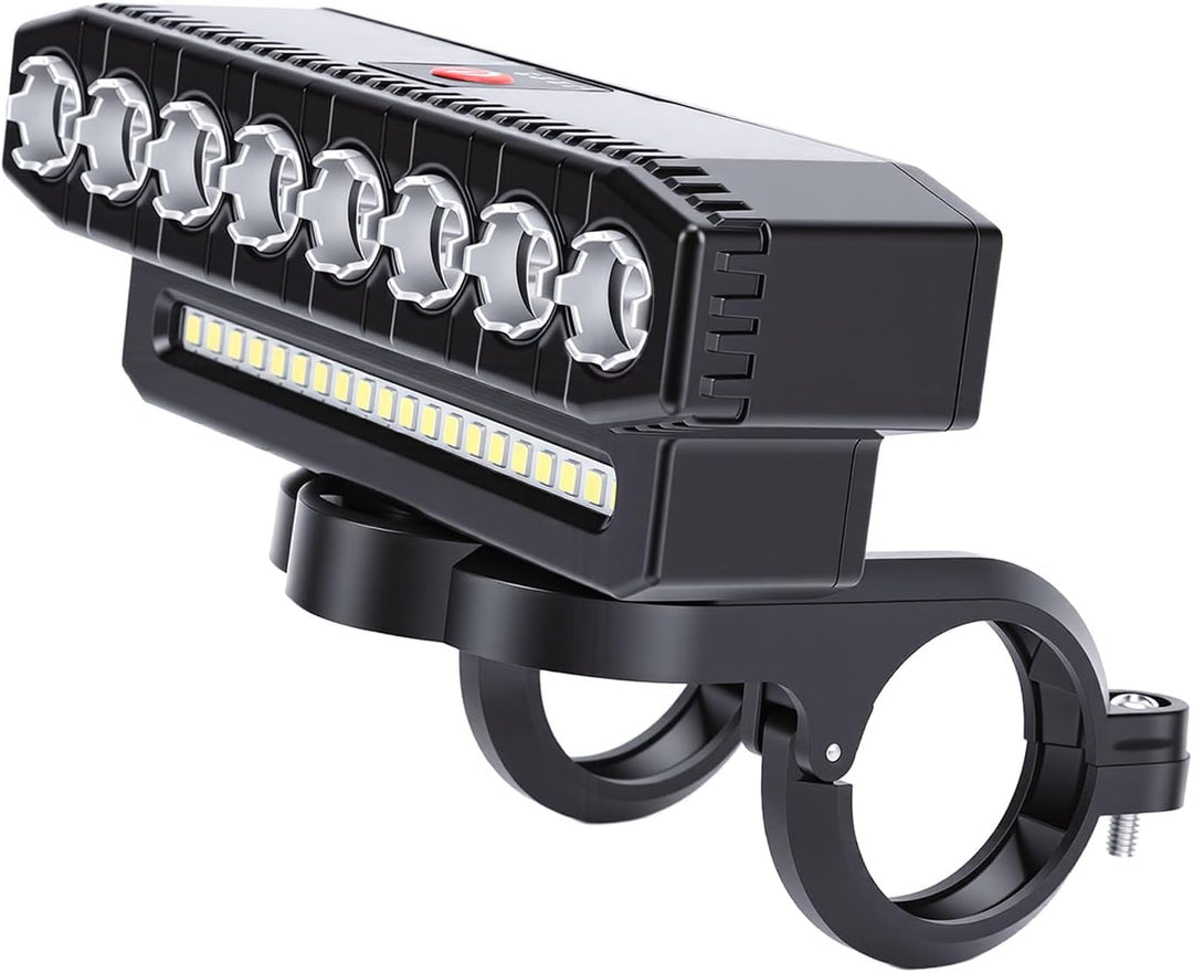 Tbest Fahrradlicht, Wiederaufladbarer USB-Scheinwerfer mit Hupe, 8 LEDs, Superhell, 6 Modi, 4000 MAh
