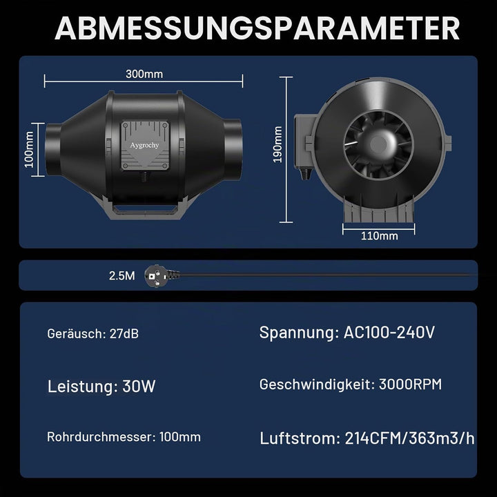 Aygrochy Regelbar Rohrventilator 100mm, Abluftventilator 363 m³/h, EC motor Rohrlüfter mit EU-Stecke