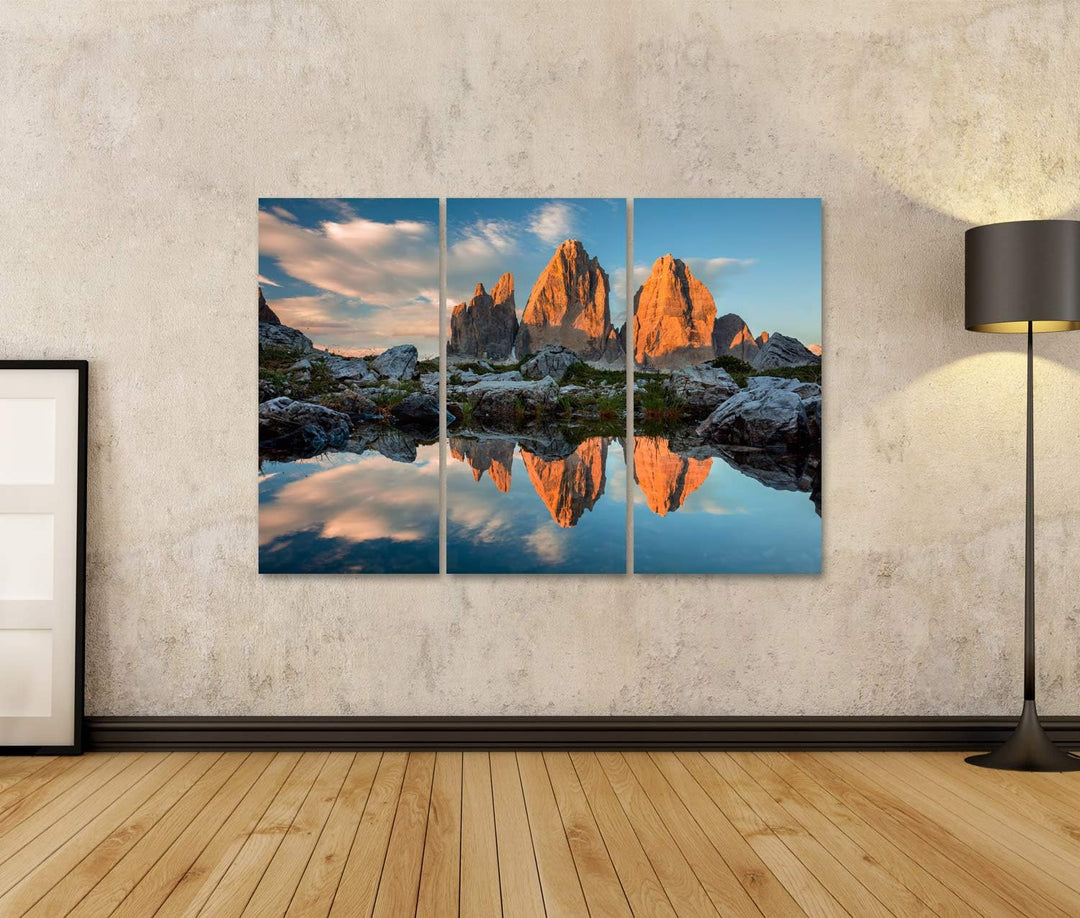 bilderfelix® Bild auf Leinwand DREI Zinnen oder TRE Cime di Lavaredo mit Reflexion im See bei Sonnen