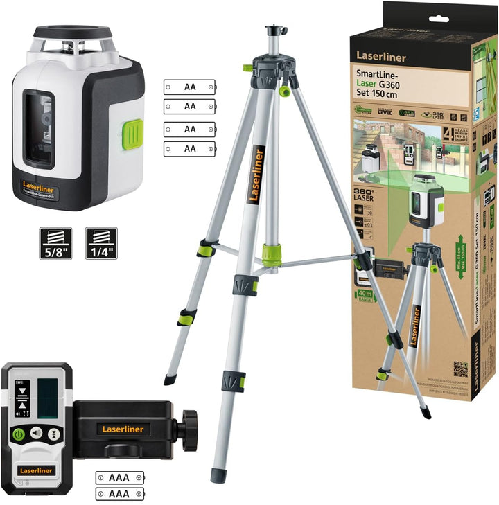 Laserliner Linienlaser 360°, SmartLine-Laser G360 mit 150 cm Stativ, grüner Kreuzlinien-Laser für In