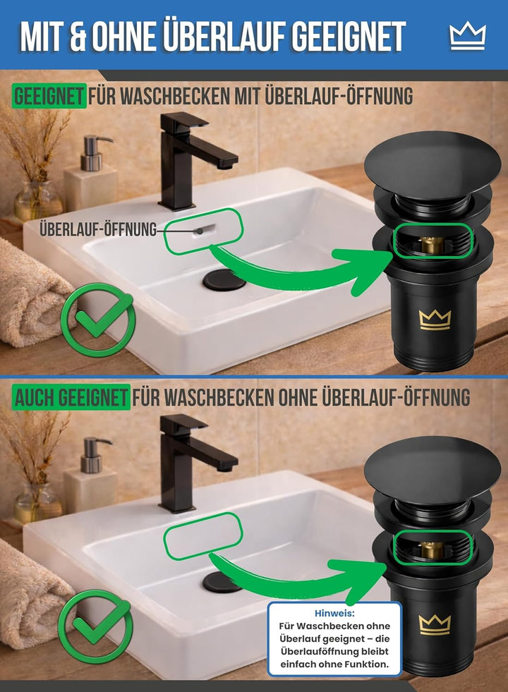 FEINER Universal Waschbecken Ablaufgarnitur für Waschbecken & Waschtisch Aller Art (Matt Schwarz) MI