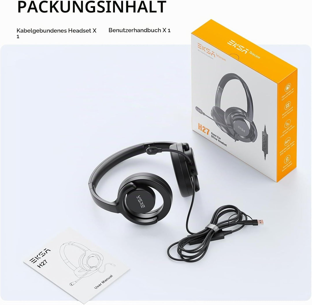 EKSA H27 PC Headset mit Mikrofon, Open-Ear Headset mit Kabel, Headset mit Geräuschunterdrückung, USB
