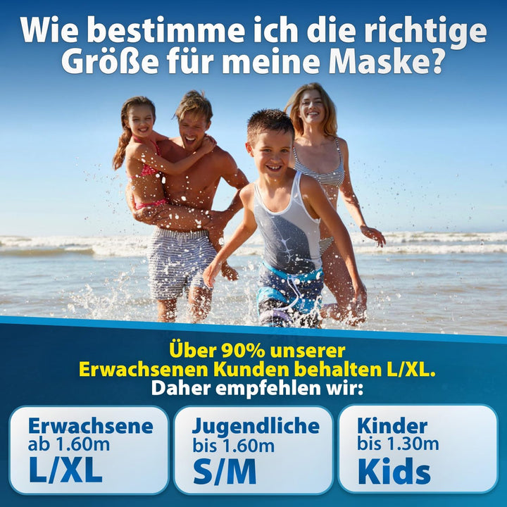 Die Preisgekrönte KAIMANA® Schnorchelmaske Kinder & Erwachsene - absolut CO₂ sicher - inkl. Tragetas