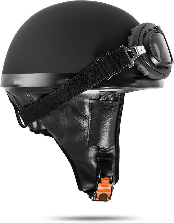 VEB Standard ATO-Moto Retro Motorradhelm Oldtimer Helm Halbschale Schwarz mit Brille Grösse S M L XL