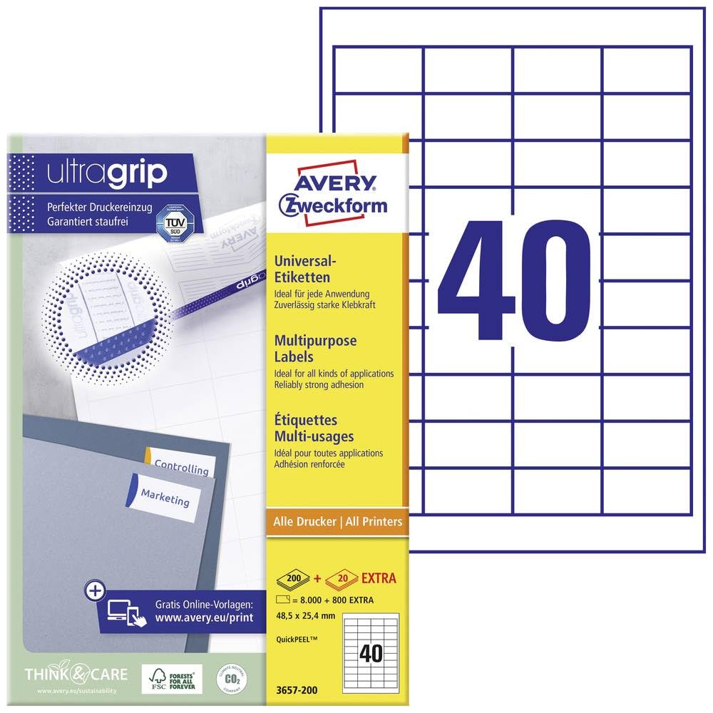 AVERY Zweckform 3657 Universal Etiketten (4.000 Klebeetiketten, 48,5x25,4mm auf A4, Papier matt, ind