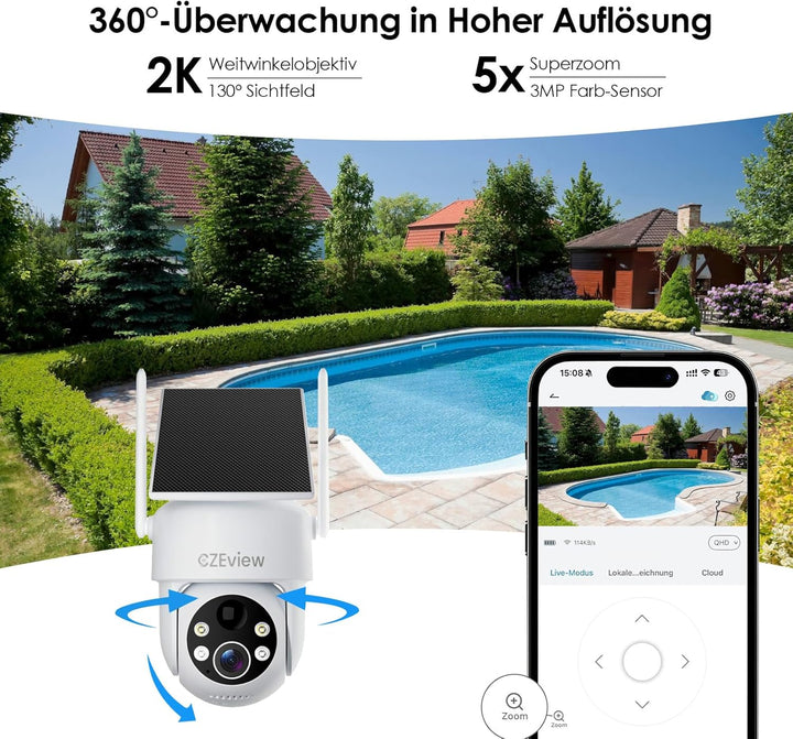Alles in 1 Überwachungskamera Aussen Akku Solar, 2K, 100% Kabellos, 360° PTZ Kamera Überwachung Auss