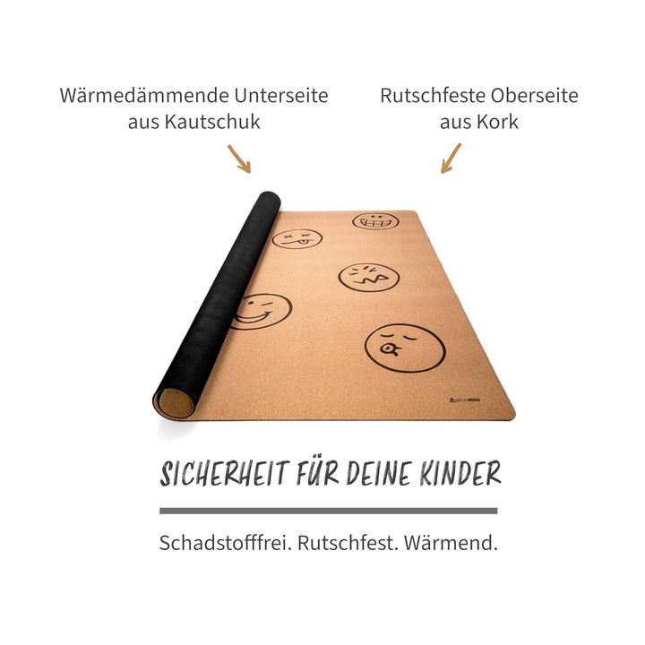 Secoroco Spielmatte aus Kork. Schadstofffreie Krabbelmatte für Babys und Kinder. Smileys 140x110 cm