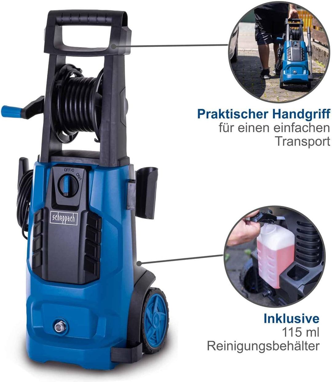Scheppach Hochdruckreiniger HCE2600x inkl. Zubehör, Reinigungstank & integrierter Schlauchtrommel |
