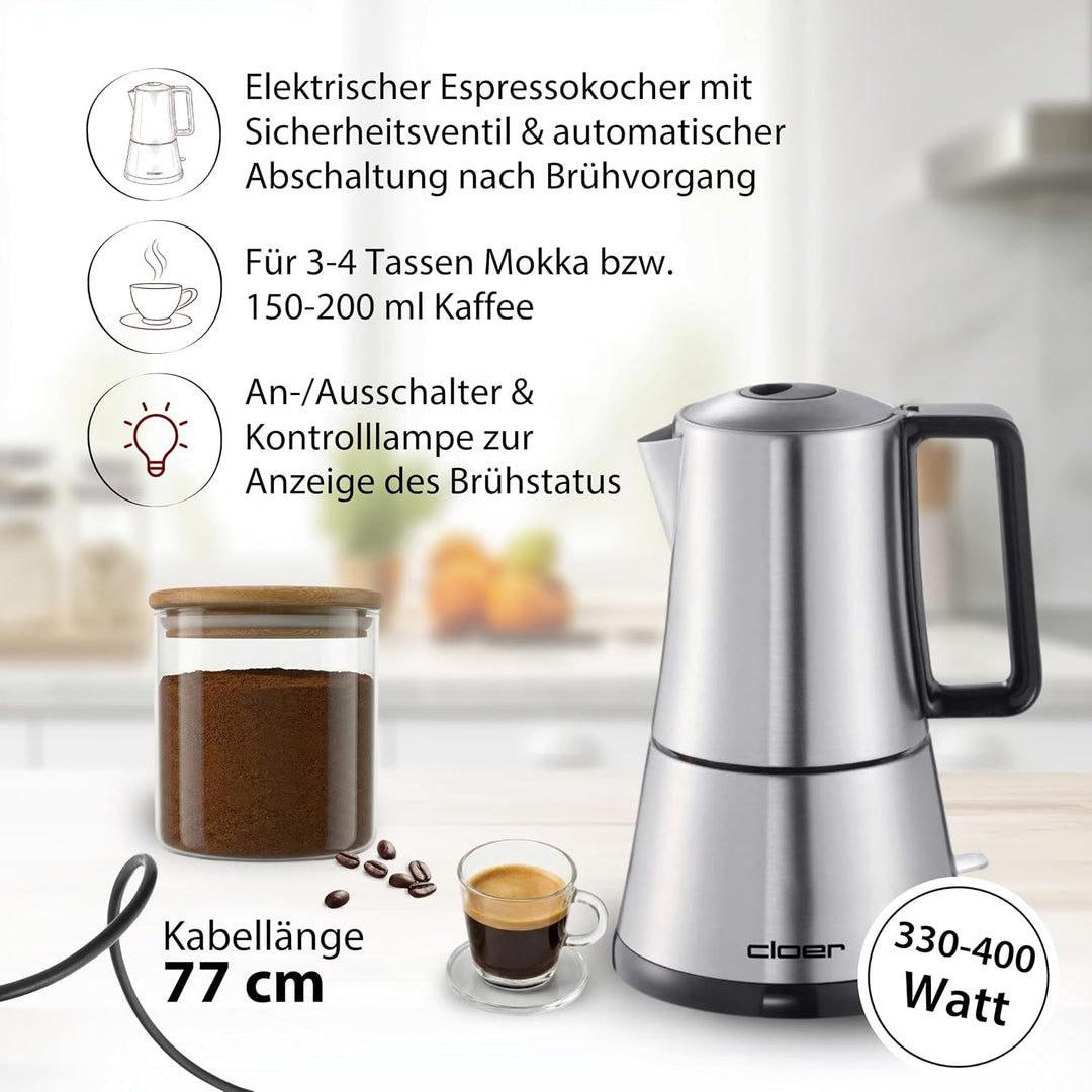 Cloer 5918 Moka Maker, "Espressokocher", 3-4 Tassen, Edelstahleinsatz, Sicherheitsabschaltung, Siche
