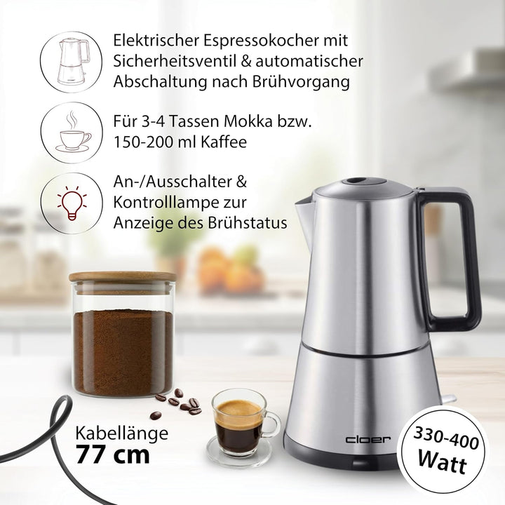 Cloer 5918 Moka Maker, "Espressokocher", 3-4 Tassen, Edelstahleinsatz, Sicherheitsabschaltung, Siche