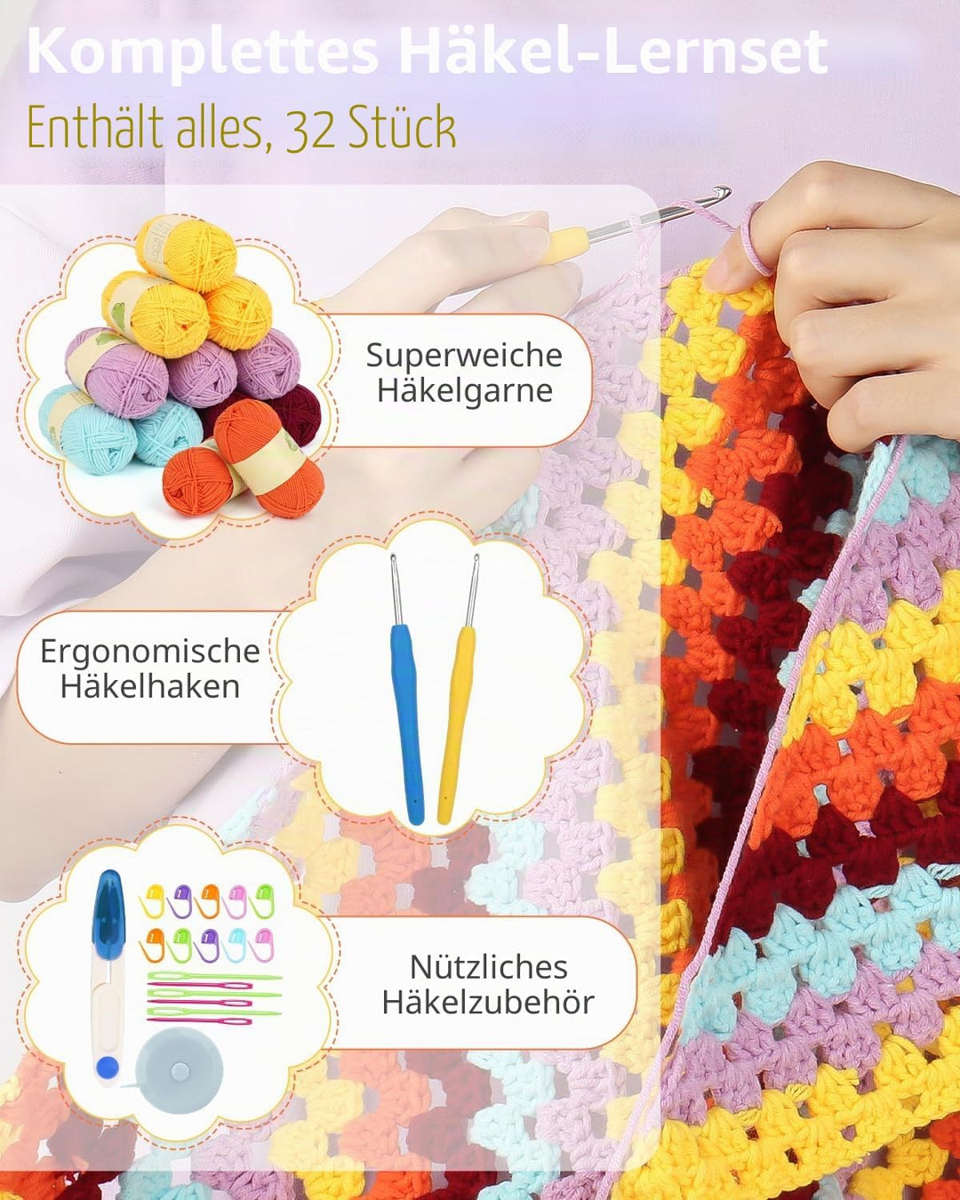 Aeelike Granny Square Shawl Häkelset für Anfänger, Häkelnadel Set mit Häkelnadeln 3,5mm 4,0mm, Häkel
