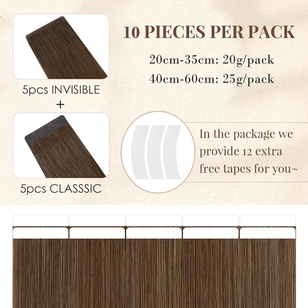 Elailite Tape Extensions Echthaar #04 Schokobraun, 10 Stück Unsichtbar Kleber Haarverlängerungen 20g