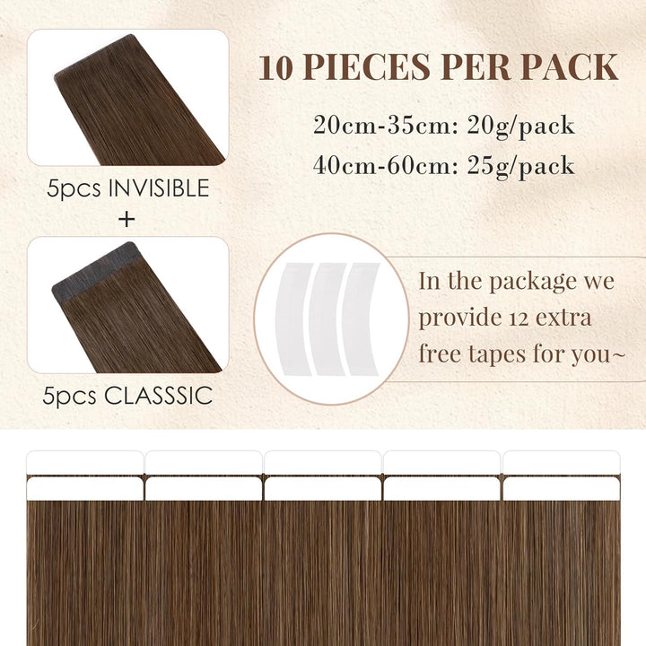 Elailite Tape Extensions Echthaar #04 Schokobraun, 10 Stück Unsichtbar Kleber Haarverlängerungen 20g