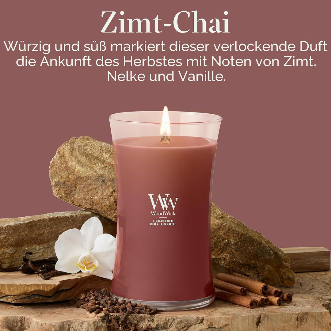 Grosse WoodWick Duftkerze im Sanduhrglas mit knisterndem Docht, Cinnamon Chai, bis zu 130 Stunden Br