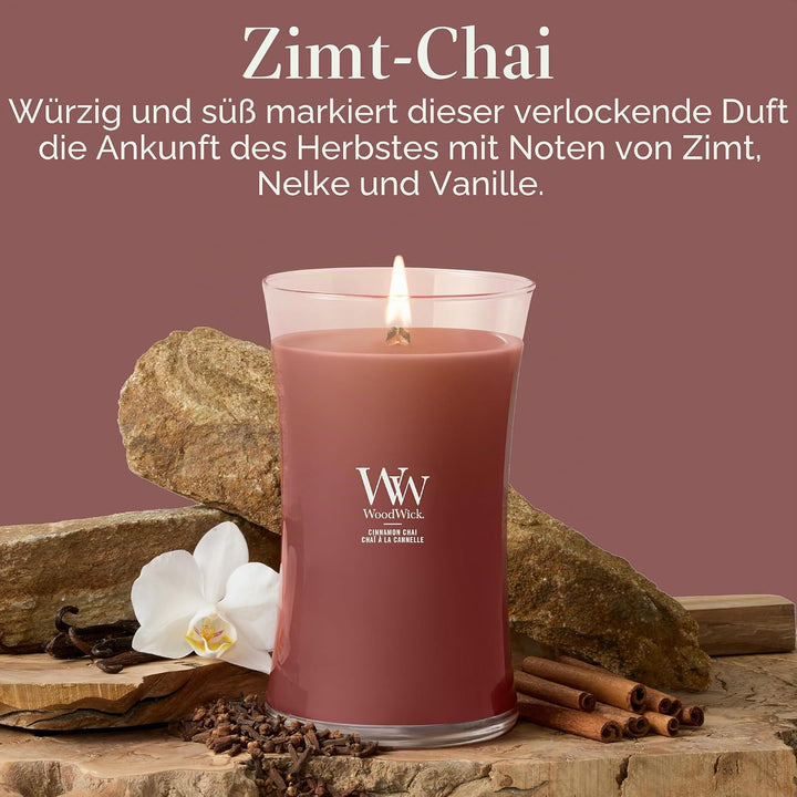 Grosse WoodWick Duftkerze im Sanduhrglas mit knisterndem Docht, Cinnamon Chai, bis zu 130 Stunden Br
