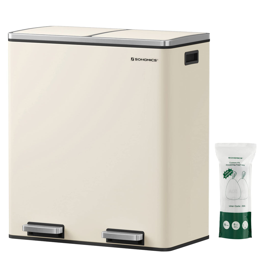 SONGMICS Mülleimer, 2 x 30 Liter, 2 Fächer, Mülltrennsystem, Treteimer, Abfalleimer Küche, 15 Müllsä