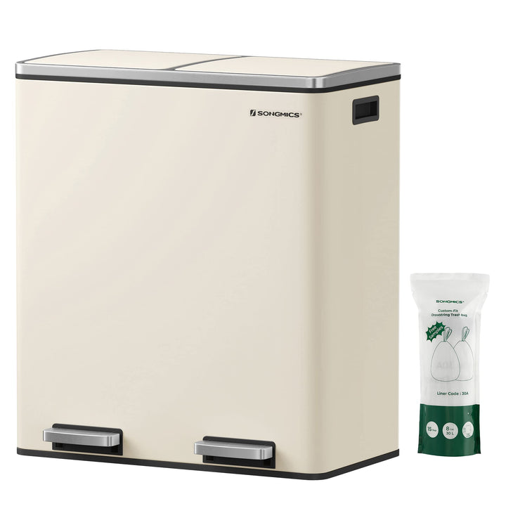 SONGMICS Mülleimer, 2 x 30 Liter, 2 Fächer, Mülltrennsystem, Treteimer, Abfalleimer Küche, 15 Müllsä