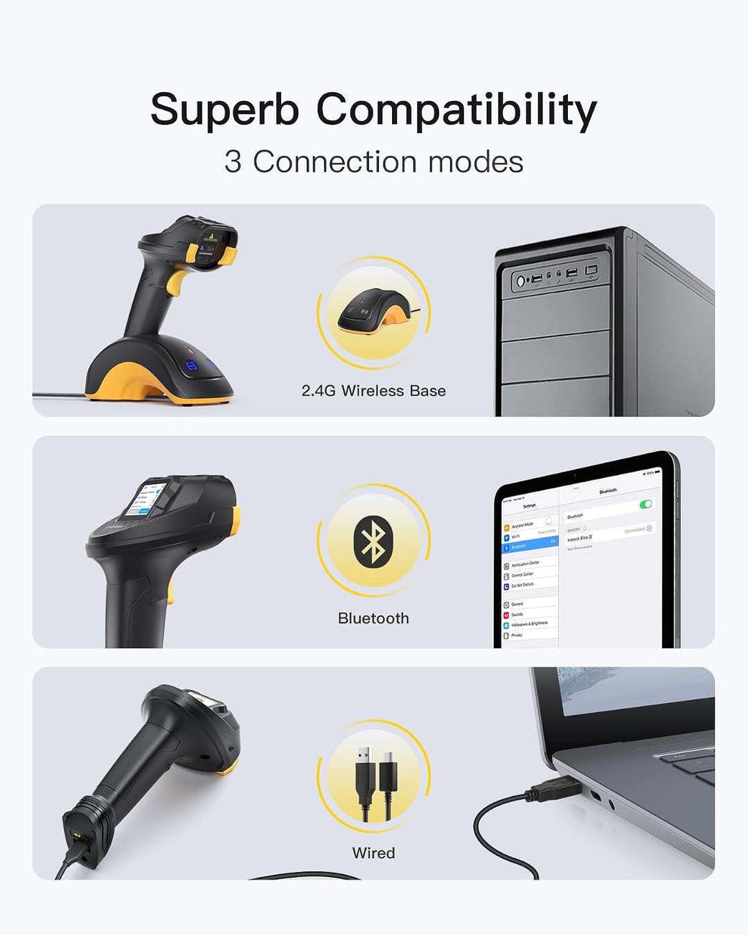 Inateck Barcode Scanner Bluetooth, 2D 1D Wireless Handheld Scanner, QR Code Scanner, mit Touchscreen