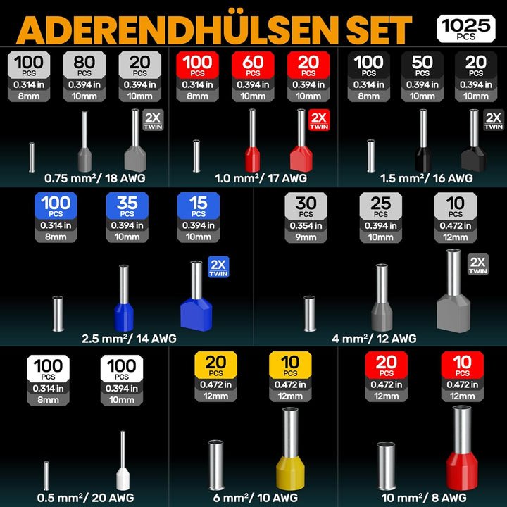 SOMELINE® Sechskant Crimpzange Set, mit 21 Arten Aderendhülsen, [0,25-6mm²] Sechskant Aderendhülsenz