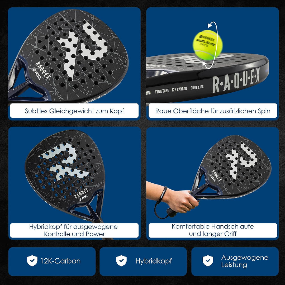 Raquex Excel Padelschläger – für fortgeschrittene Anfänger/Fortgeschrittene – 12K-Carbonrahmen, reak