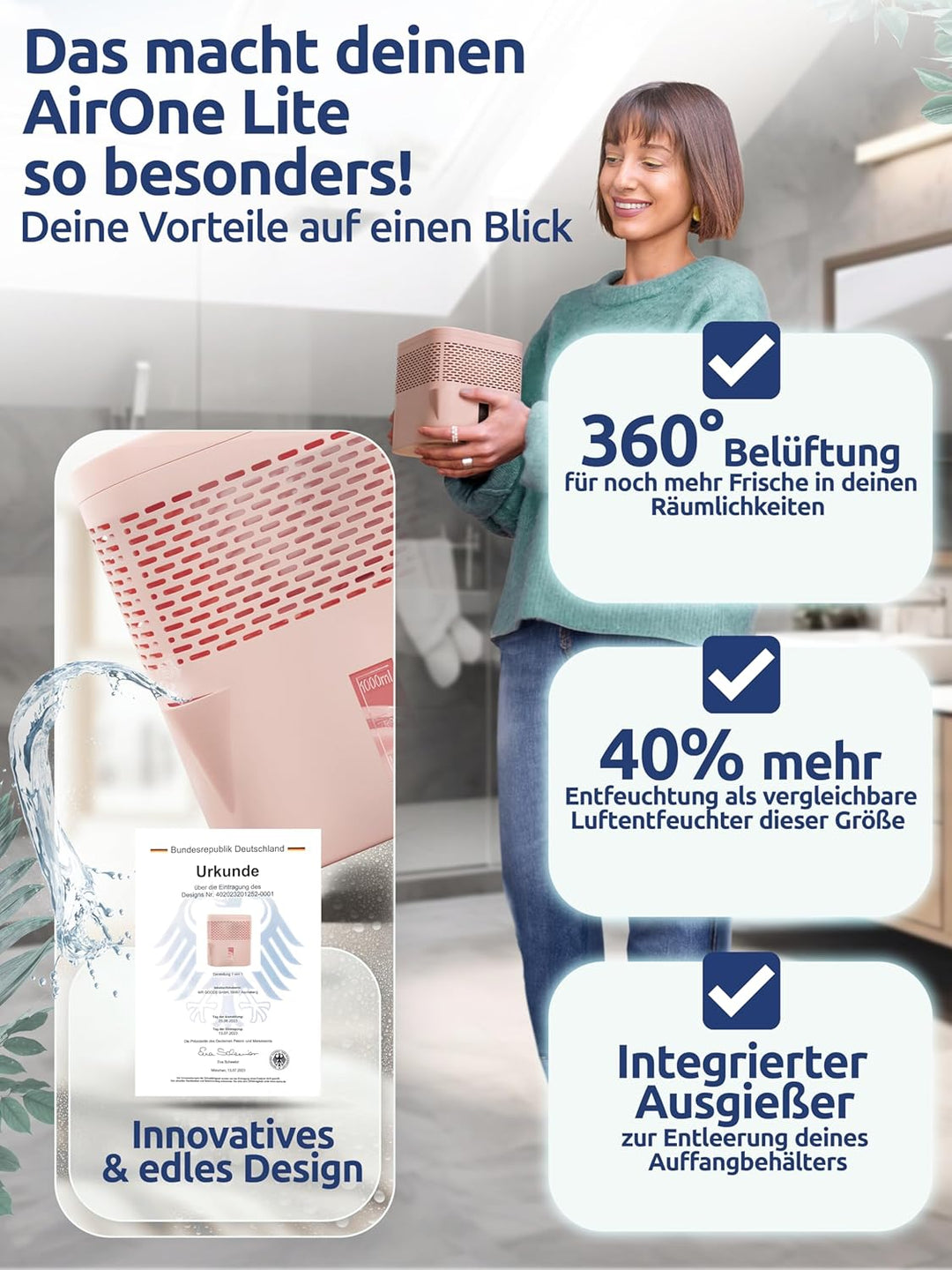 BonAura® AirOne Lite Luftentfeuchter ohne Strom mit 360° Belüftung I Raumentfeuchter mit Ausgiesser