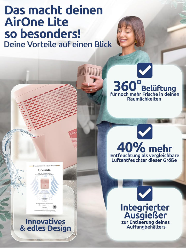 BonAura® AirOne Lite Luftentfeuchter ohne Strom mit 360° Belüftung I Raumentfeuchter mit Ausgiesser