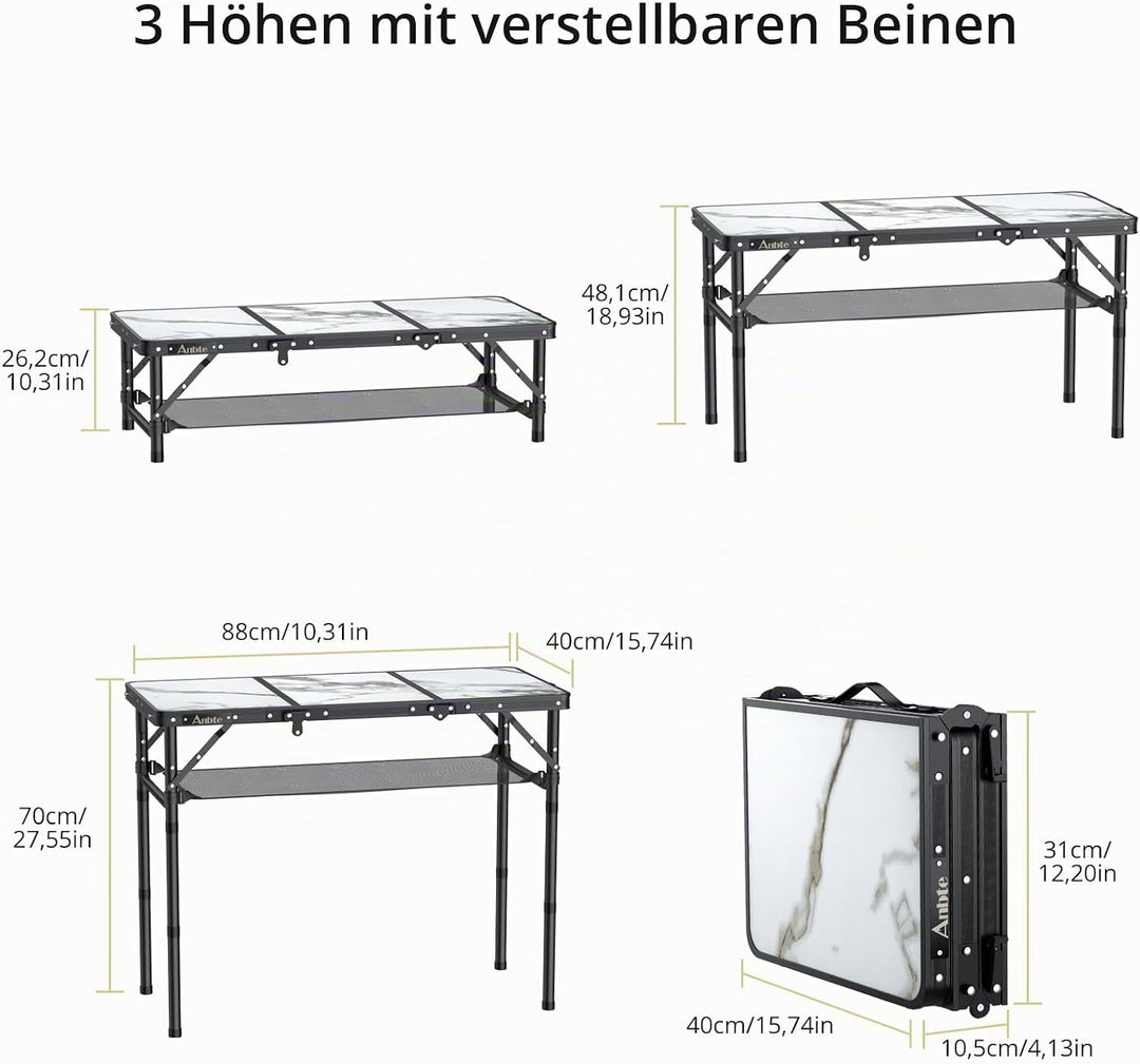 Anbte Campingtisch Klappbar 88x40cm Aluminium Rahmen 3 Höhenverstellbar 26/48/70cm Picknicktisch mit