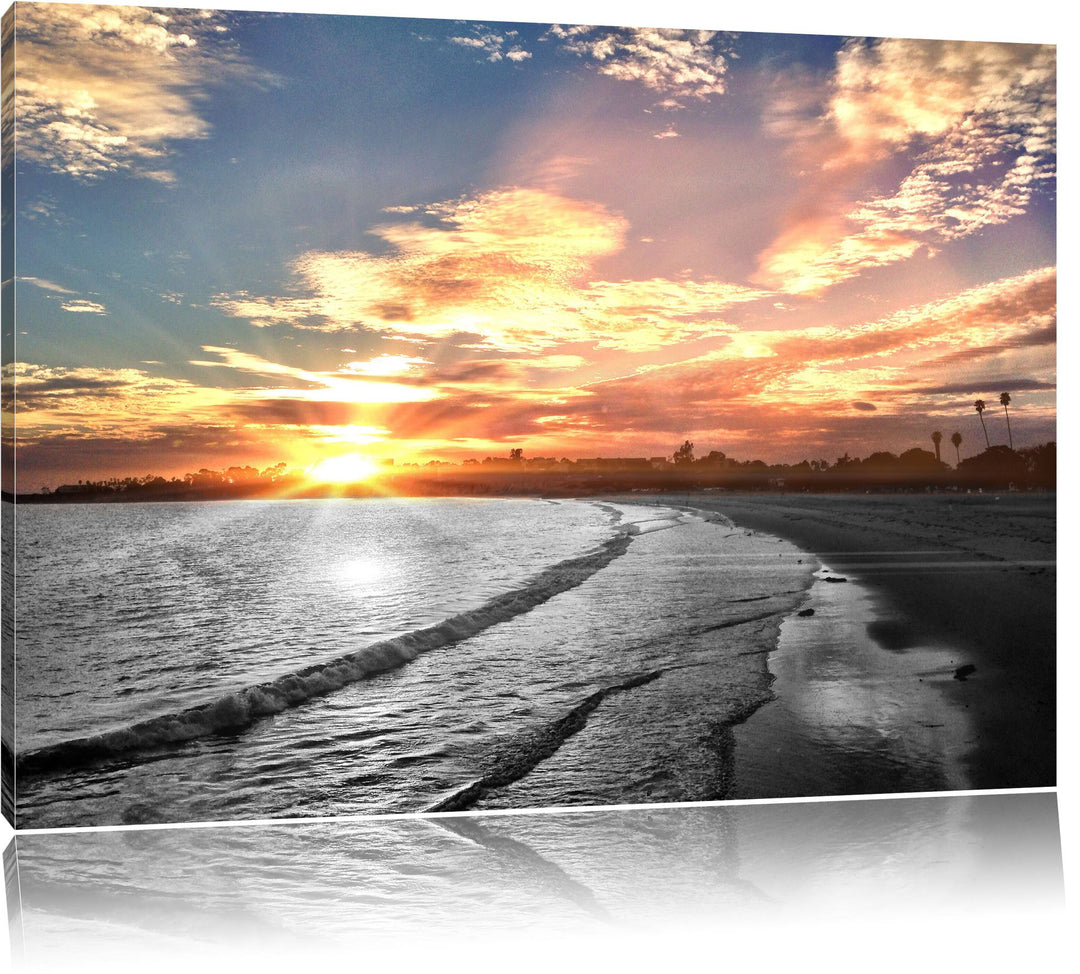 Strand bei romantischem Sonnenuntergang schwarz/weiss Format: 100x70 auf Leinwand, XXL riesige Bilde