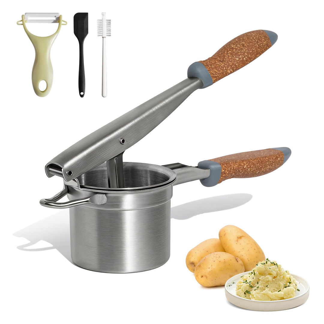 Kartoffelpresse Edelstahl mit fester Scheibe, Robuster Kartoffelstampfer mit Holz-Kunststoff-Griff,
