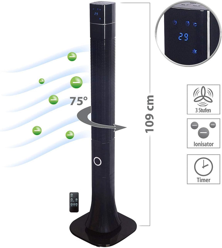 Sichler Haushaltsgeräte Standlüfter: 3-stufiger Design-Turmventilator mit Ionisator, 75°-Oszillation