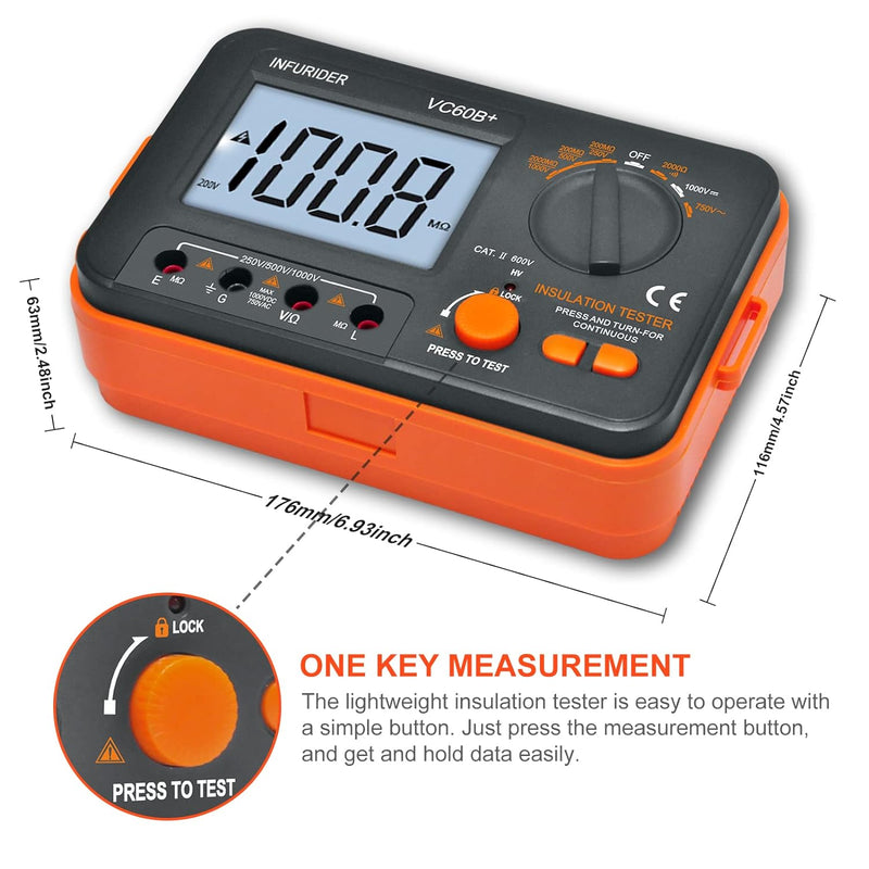 Digitaler Isolationswiderstandstester, Megohmmeter Ohmmeter YF-VC60B+, Spannungsprüfer 250/500/1000